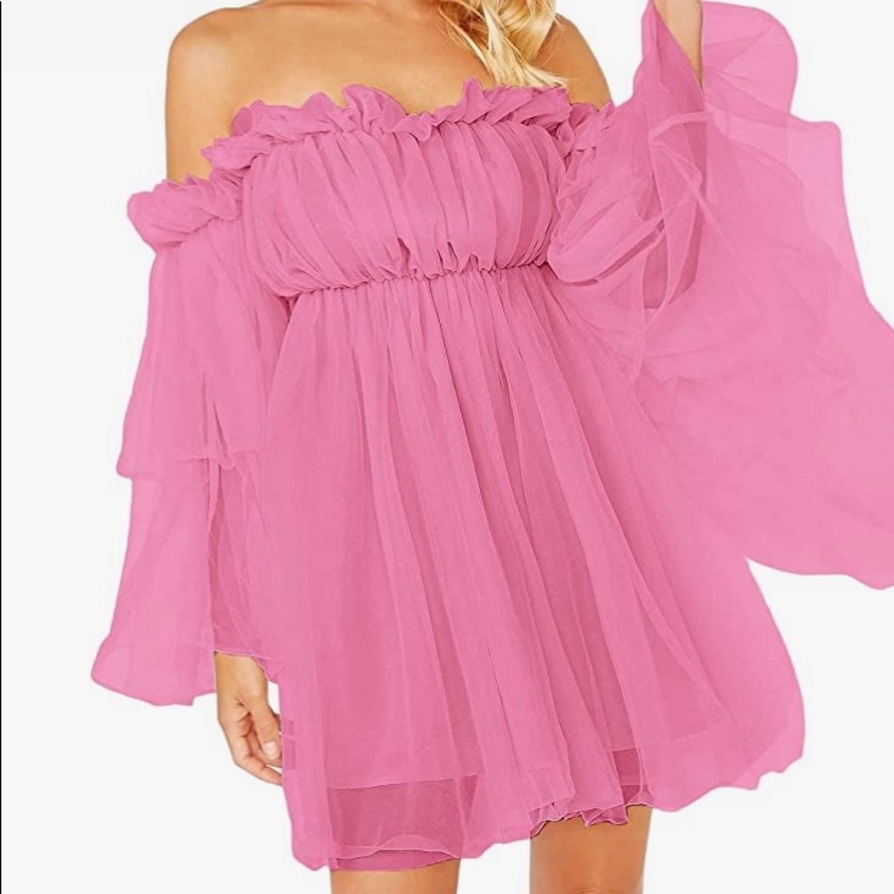 Women's Romantic Off Shoulder Flounce Long Sleeve Wedding Ruffle Mesh Mini Dress